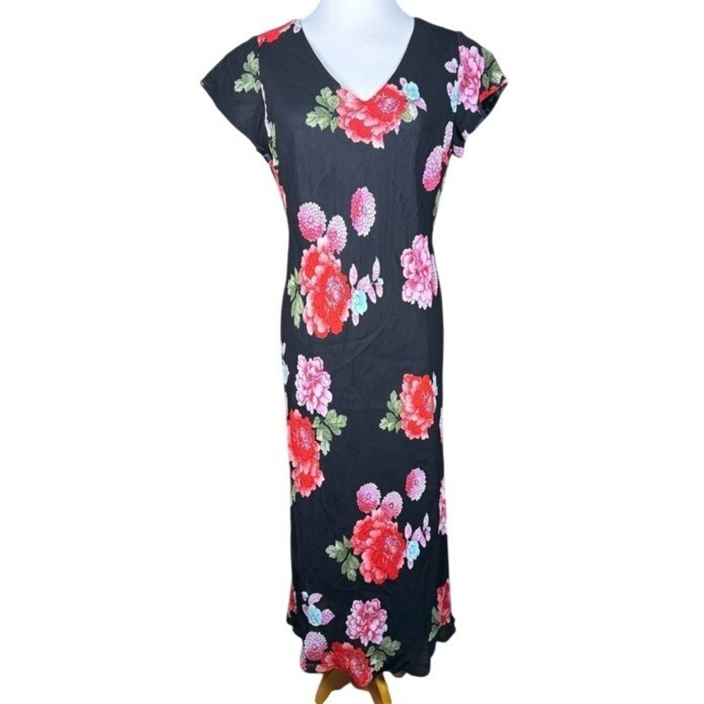 Evan-Picone Womens Black Floral Maxi Dress V-Neck Strappy Back Size 12